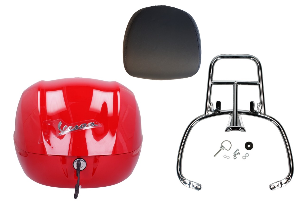 Kit top case 32L rouge dragon (894), coussin dorsal noir pour Vespa Sprint / Primavera