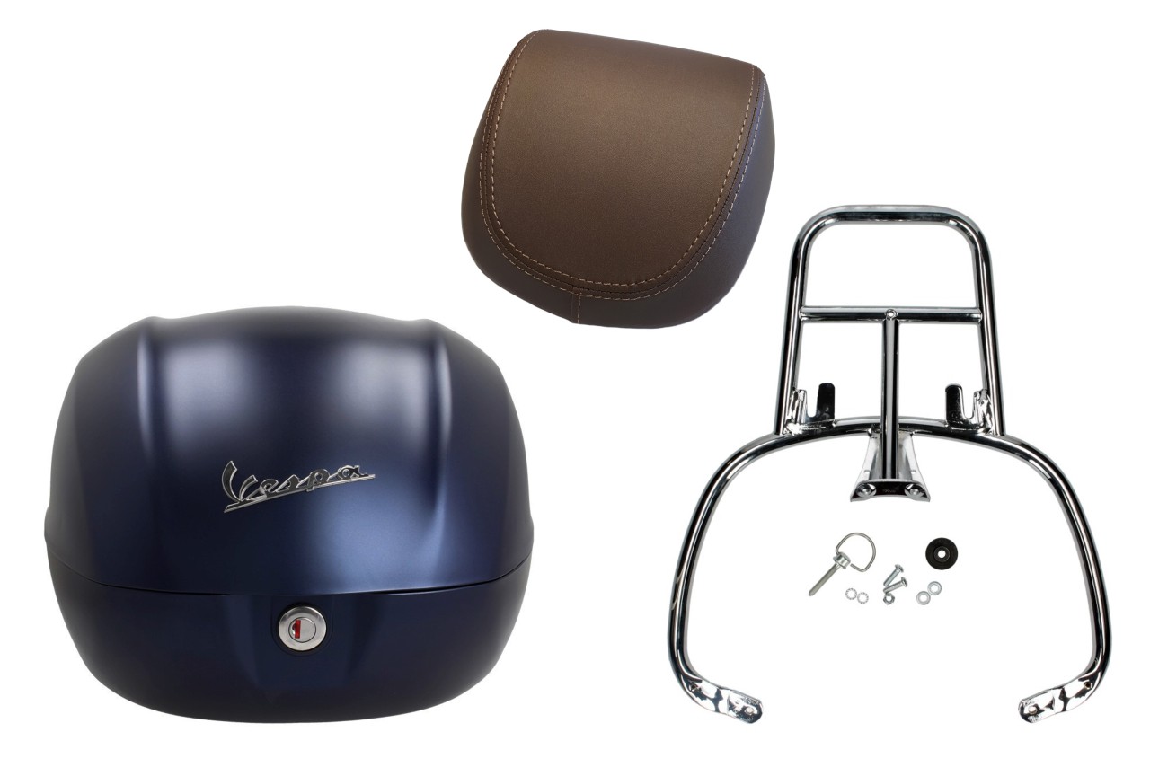 Kit top case 32L bleu foncé mat opaque (288/A), coussin dorsal marron pour Vespa Primavera