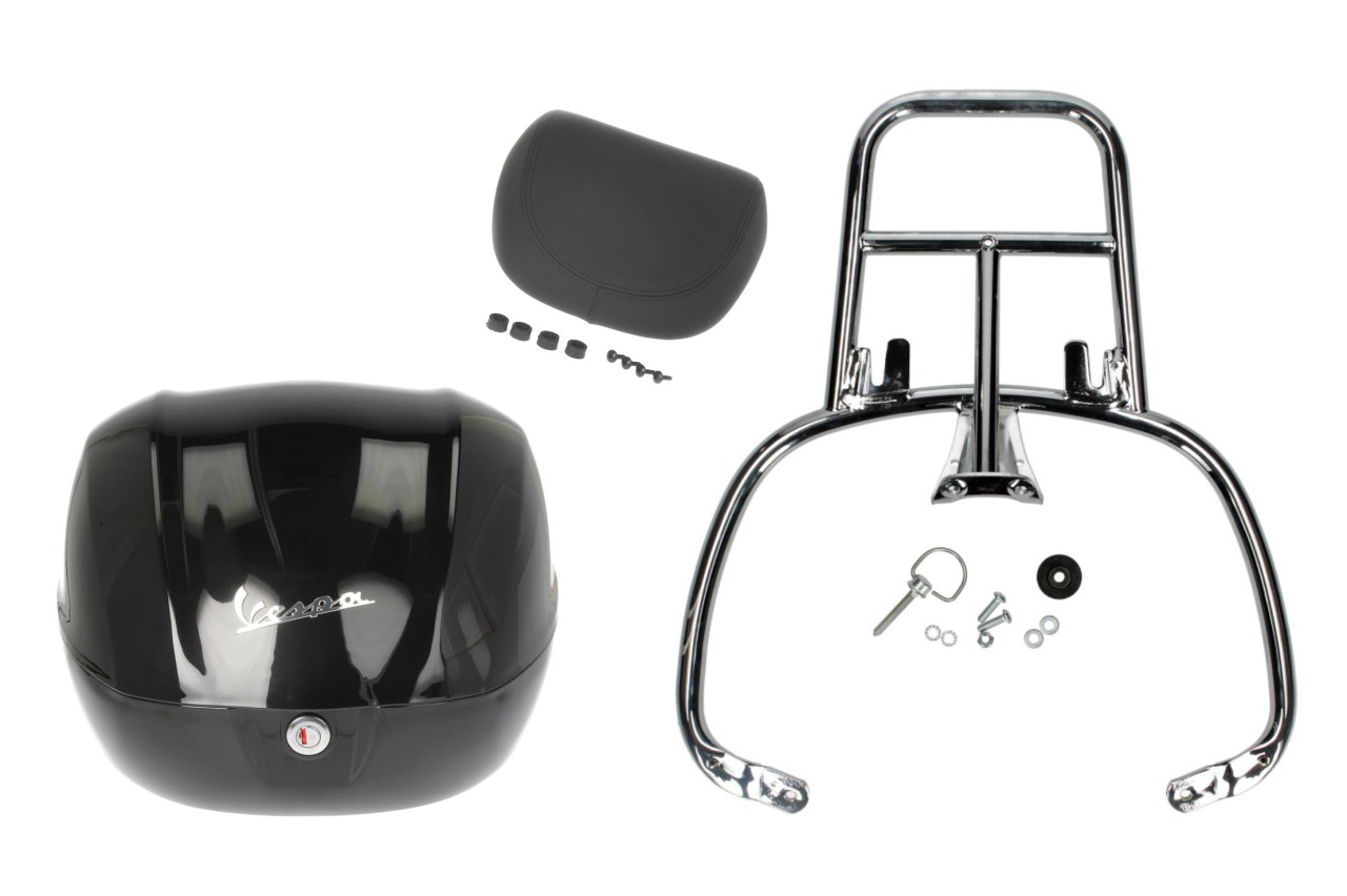 Kit top case 32L nero cosmo (98/A), coussin dorsal noir pour Vespa Primavera