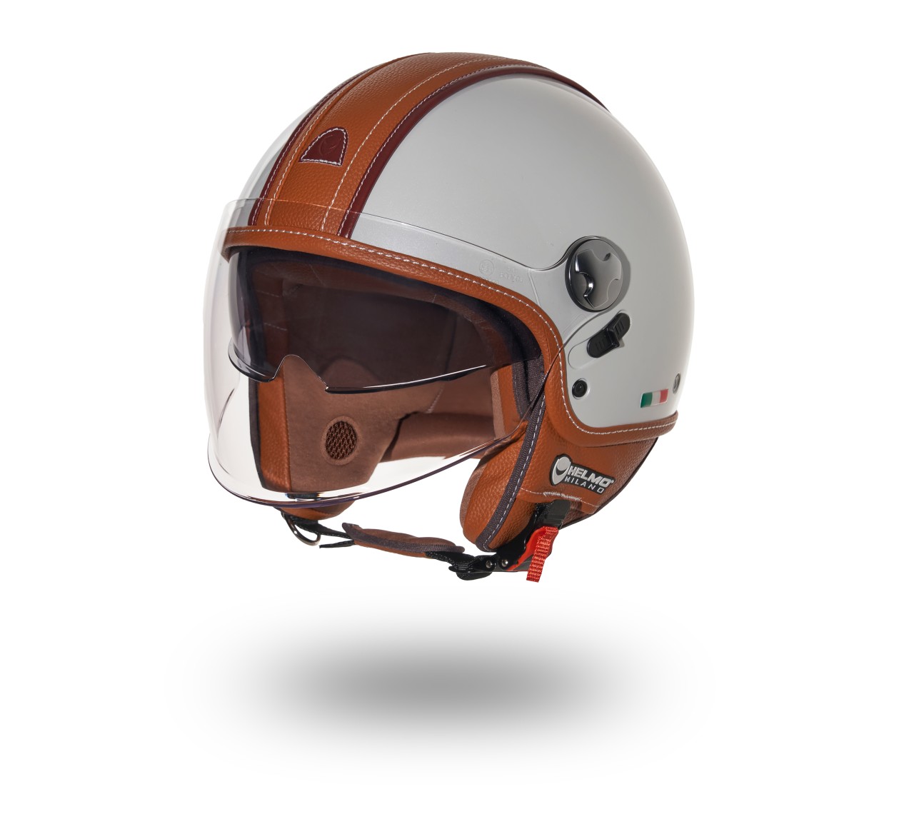Casque Helmo Milano Demi Jet PelleDura Premium blanc brillant avec cuir écologique marron