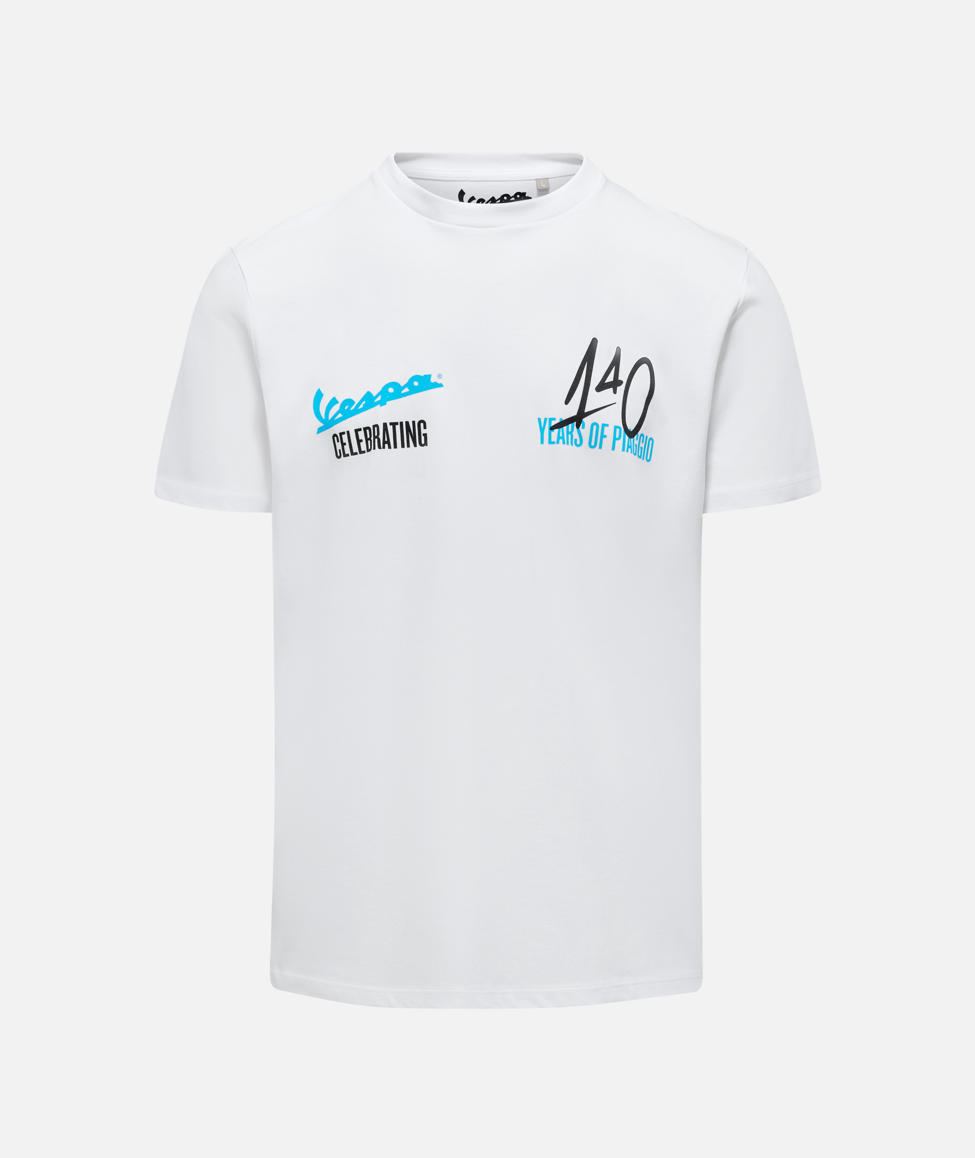 T-shirt Vespa "140 ans Piaggio" blanc bleu