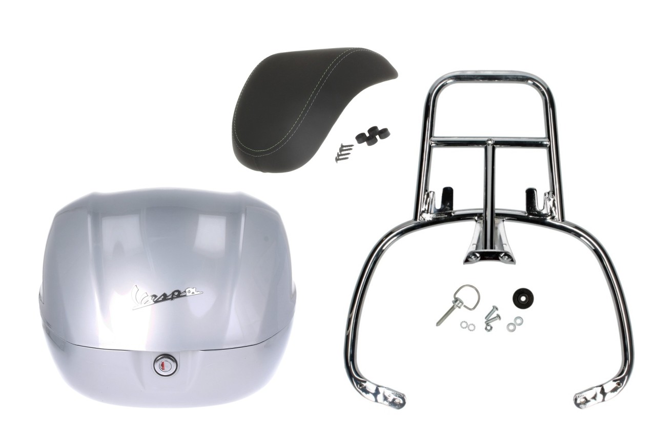 Kit top case 32L gris (G41), coussin dorsal noir pour Vespa Primavera