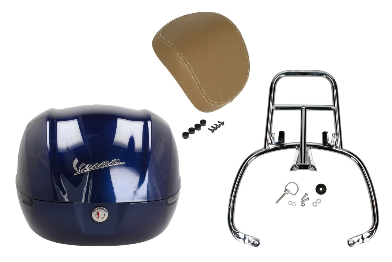 Kit top case 32L bleu foncé (289/A), coussin dorsal beige pour Vespa Primavera